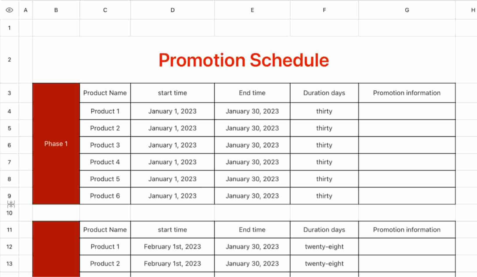 Promotion schedule 1